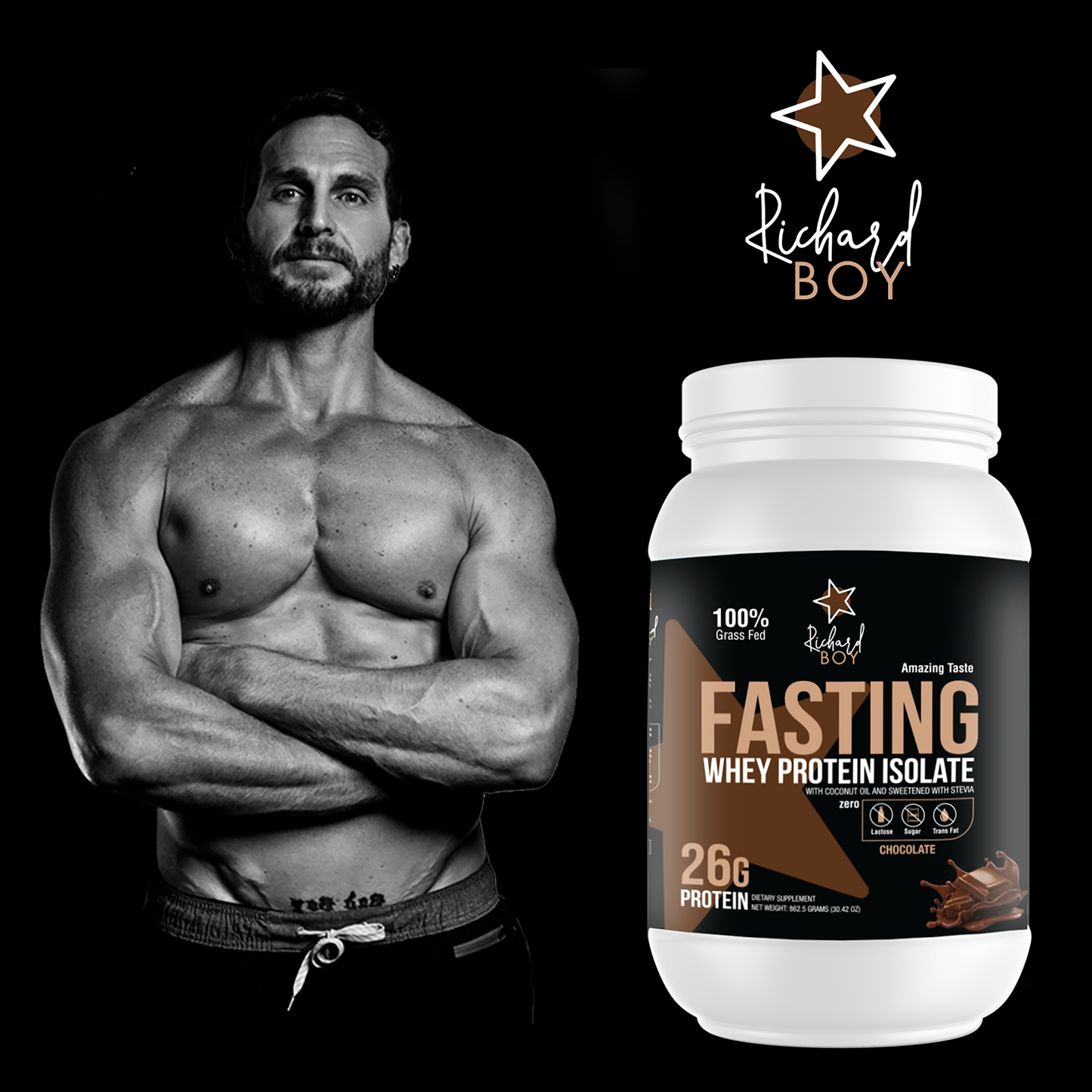 
                  
                    Richard Boy Fasting Whey Protein Isolate Chocolate - 100% Grass-Fed, polvo de proteína natural, sin gluten, enriquecido con aceite de coco - sabor a chocolate
                  
                