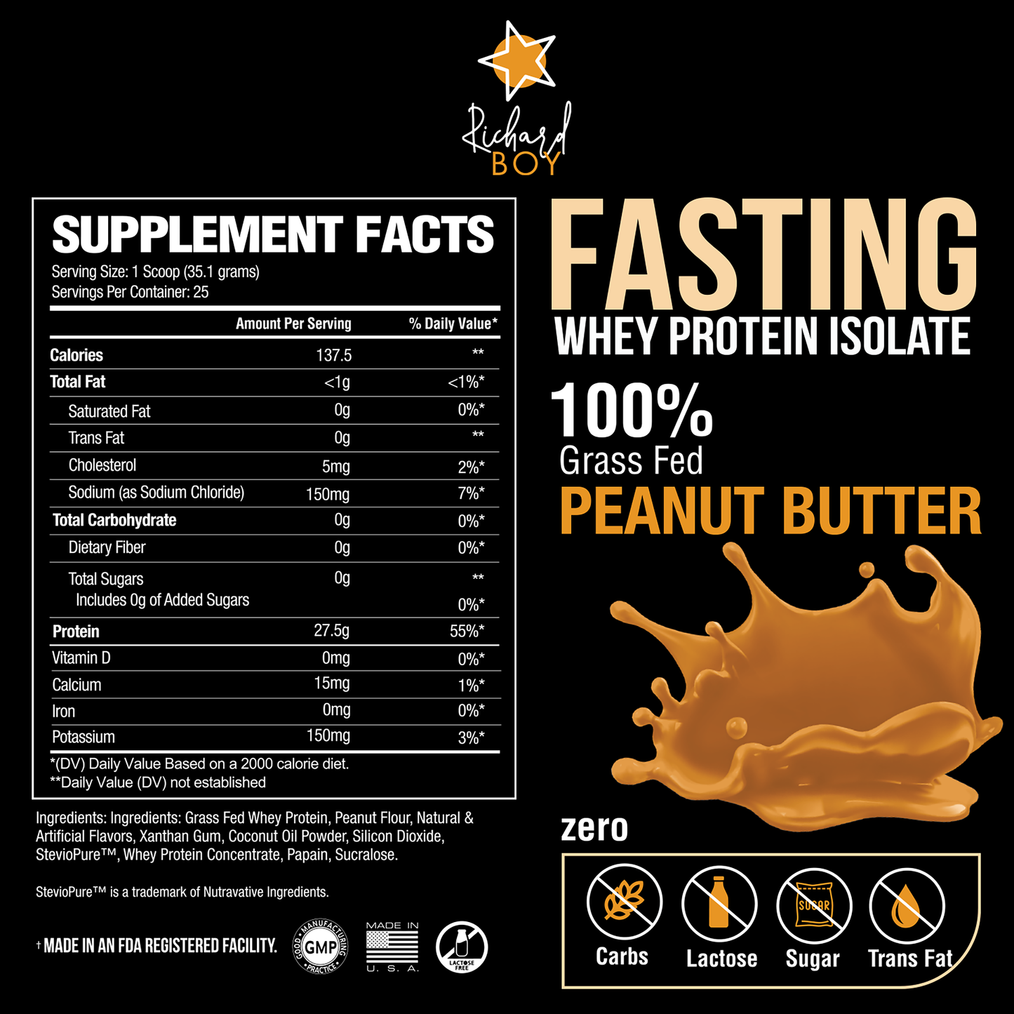 
                  
                    Richard Boy Fasting Whey Protein Isolated Sabor a mantequilla de maní - 100 % alimentado con pasto, proteína natural en polvo, enriquecido con aceite de coco - Sabor a mantequilla de maní.       COMPRA 1 EL OTRO GRATIS
                  
                