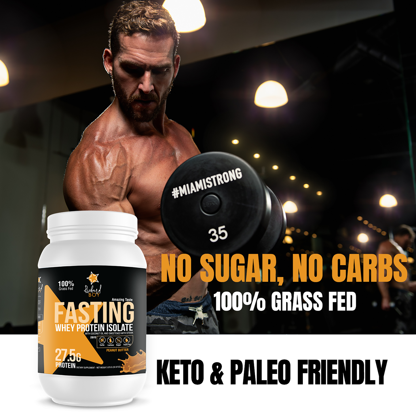 
                  
                    Richard Boy Fasting Whey Protein Isolated Sabor a mantequilla de maní - 100 % alimentado con pasto, proteína natural en polvo, enriquecido con aceite de coco - Sabor a mantequilla de maní.       COMPRA 1 EL OTRO GRATIS
                  
                