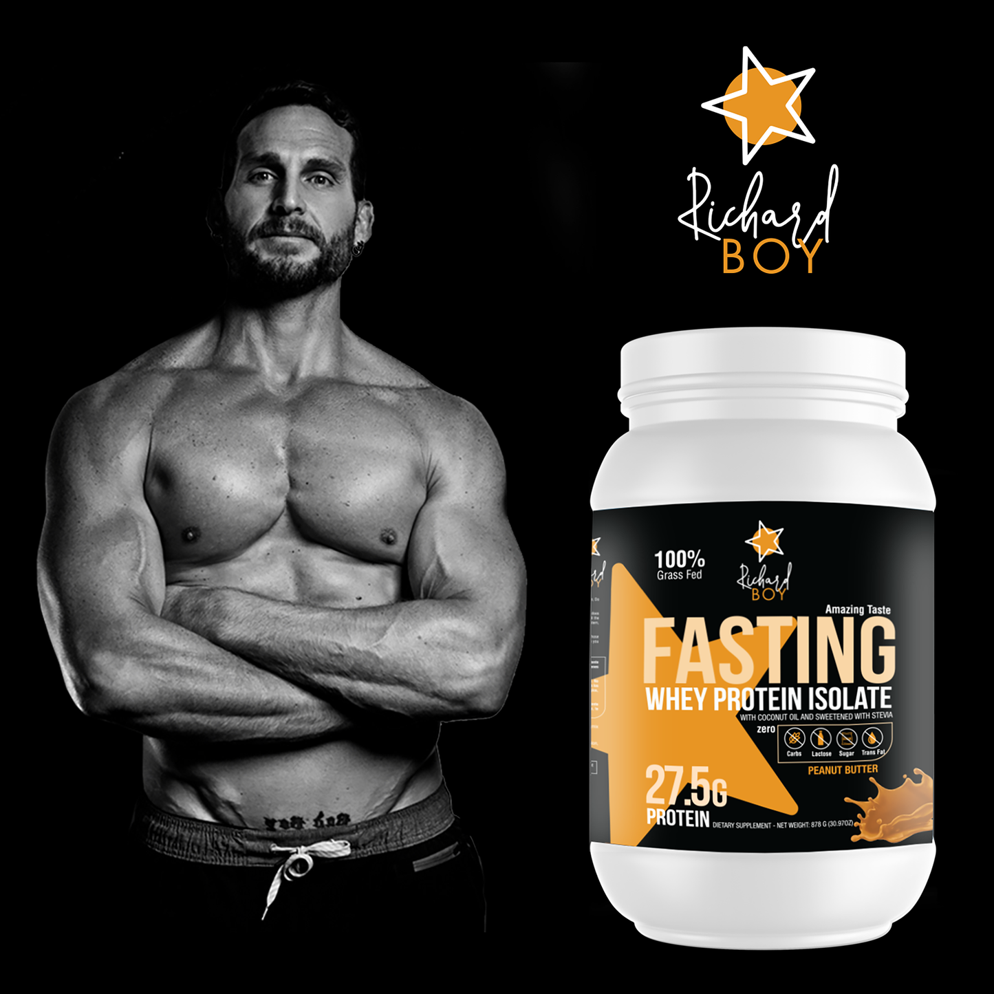 
                  
                    Richard Boy Fasting Whey Protein Isolated Sabor a mantequilla de maní - 100 % alimentado con pasto, proteína natural en polvo, enriquecido con aceite de coco - Sabor a mantequilla de maní.       COMPRA 1 EL OTRO GRATIS
                  
                