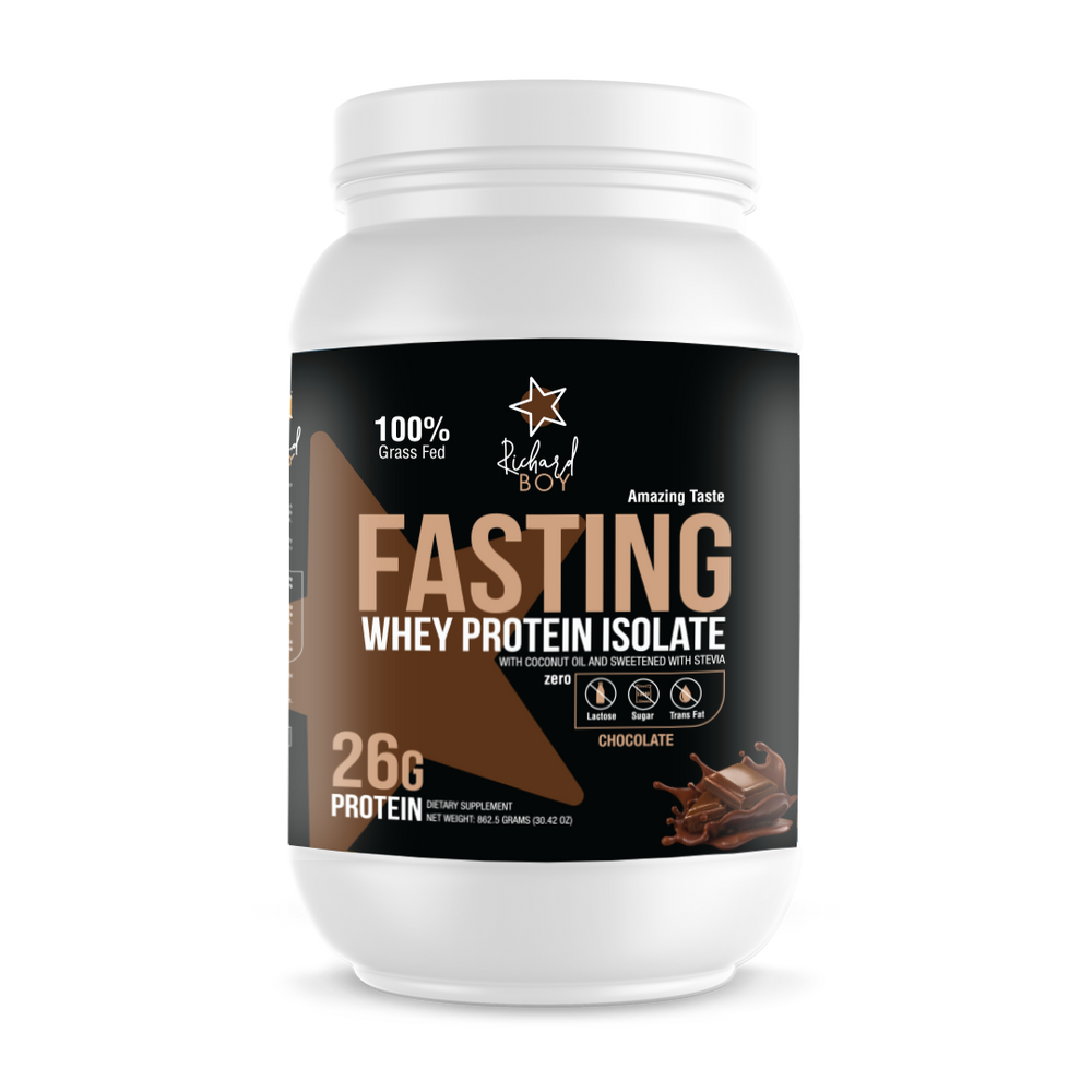 Richard Boy Fasting Whey Protein Isolate Chocolate - 100% Grass-Fed, polvo de proteína natural, sin gluten, enriquecido con aceite de coco - sabor a chocolate