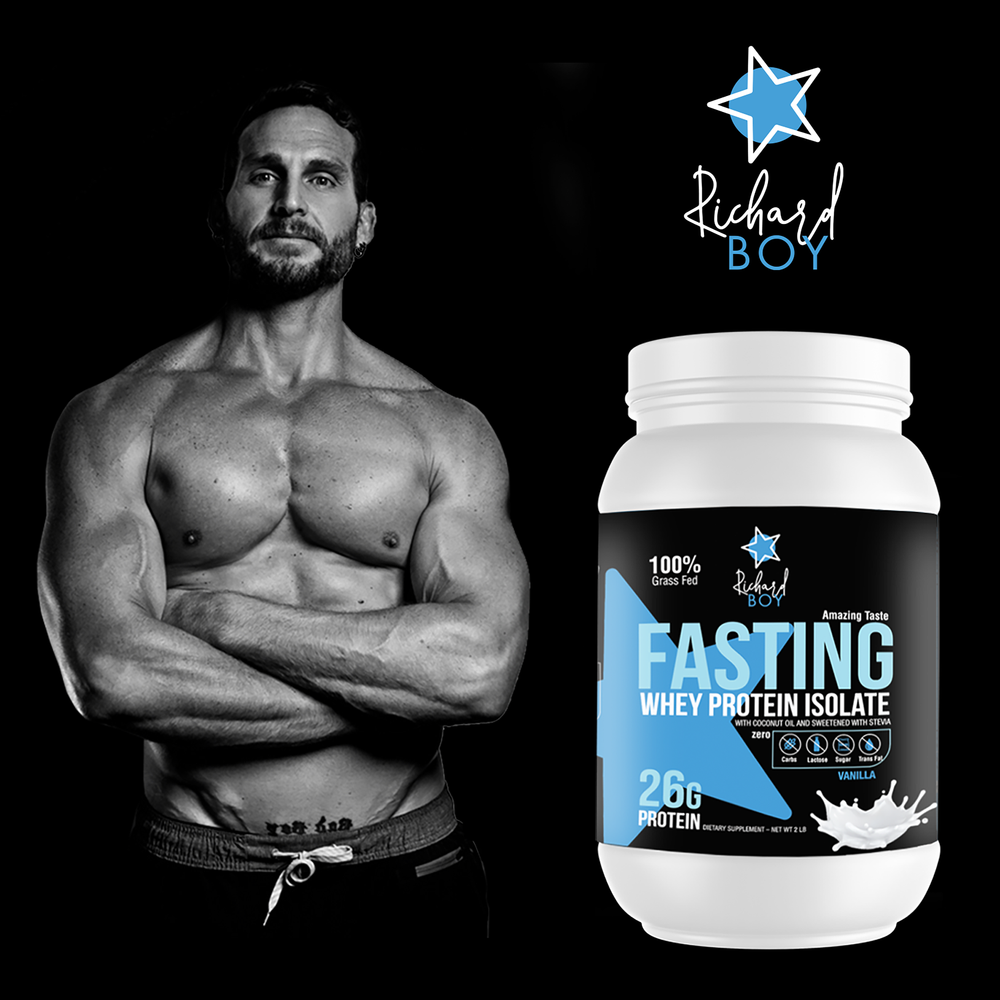 
                  
                    Richard Boy Fasting Whey Protein Isolate - 100 % alimentado con pasto, polvo de proteína natural - Sin gluten, Keto - Enriquecido con aceite de coco, sabor a vainilla.
                  
                