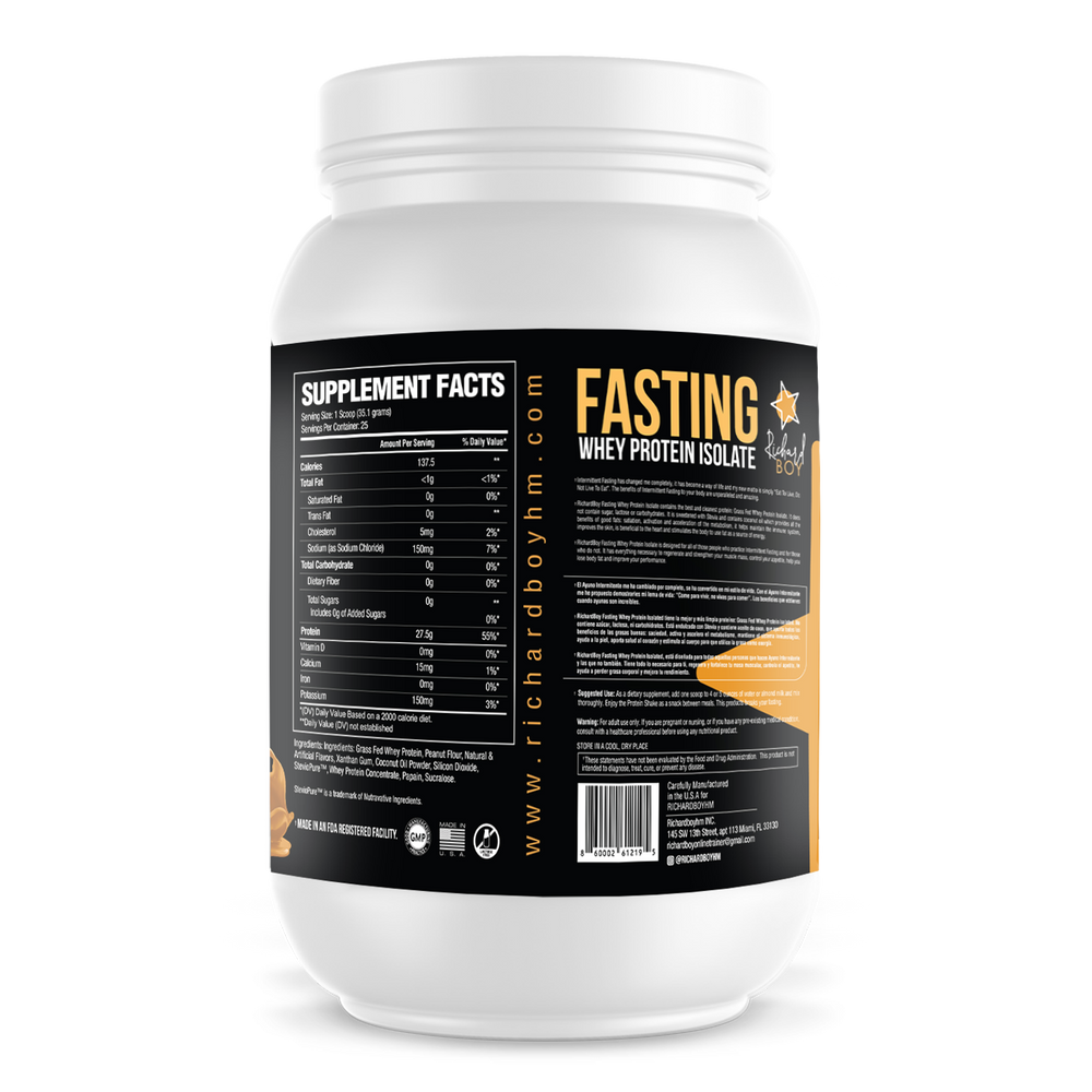 
                  
                    Richard Boy Fasting Whey Protein Isolated Sabor a mantequilla de maní - 100 % alimentado con pasto, proteína natural en polvo, enriquecido con aceite de coco - Sabor a mantequilla de maní.       COMPRA 1 EL OTRO GRATIS
                  
                