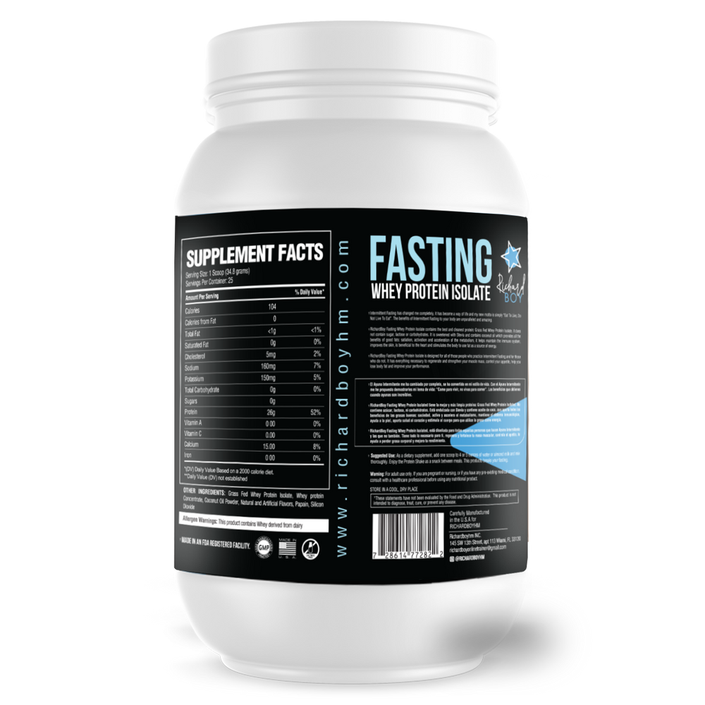 
                  
                    Richard Boy Fasting Whey Protein Isolate - 100 % alimentado con pasto, polvo de proteína natural - Sin gluten, Keto - Enriquecido con aceite de coco, sabor a vainilla.
                  
                